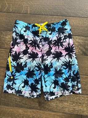 Kids Palm-Print Swim Trunks in Black, Blue & Pink with Yellow Drawcord